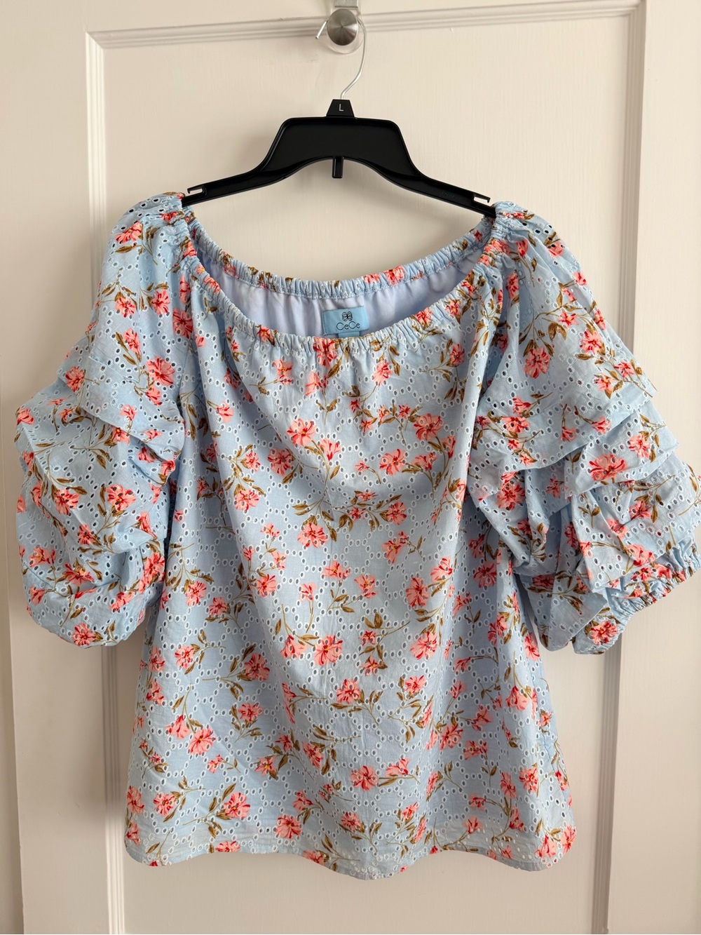 CeCe Powder Blue Floral Eyelet Off-Shoulder Blouse
